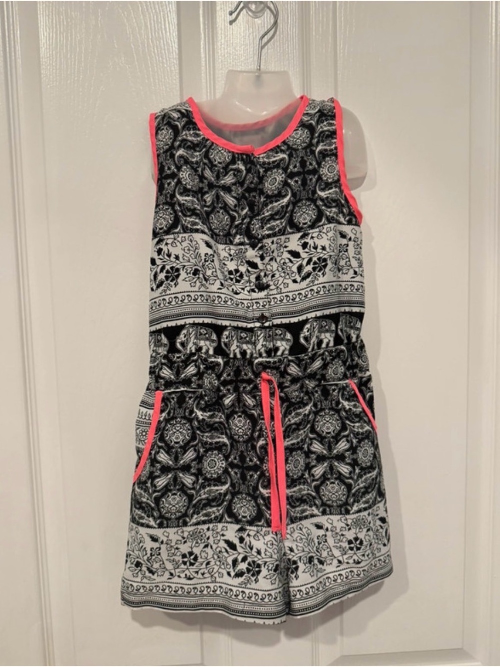 Girls Black & White Printed Casual Dress with Pink Trim